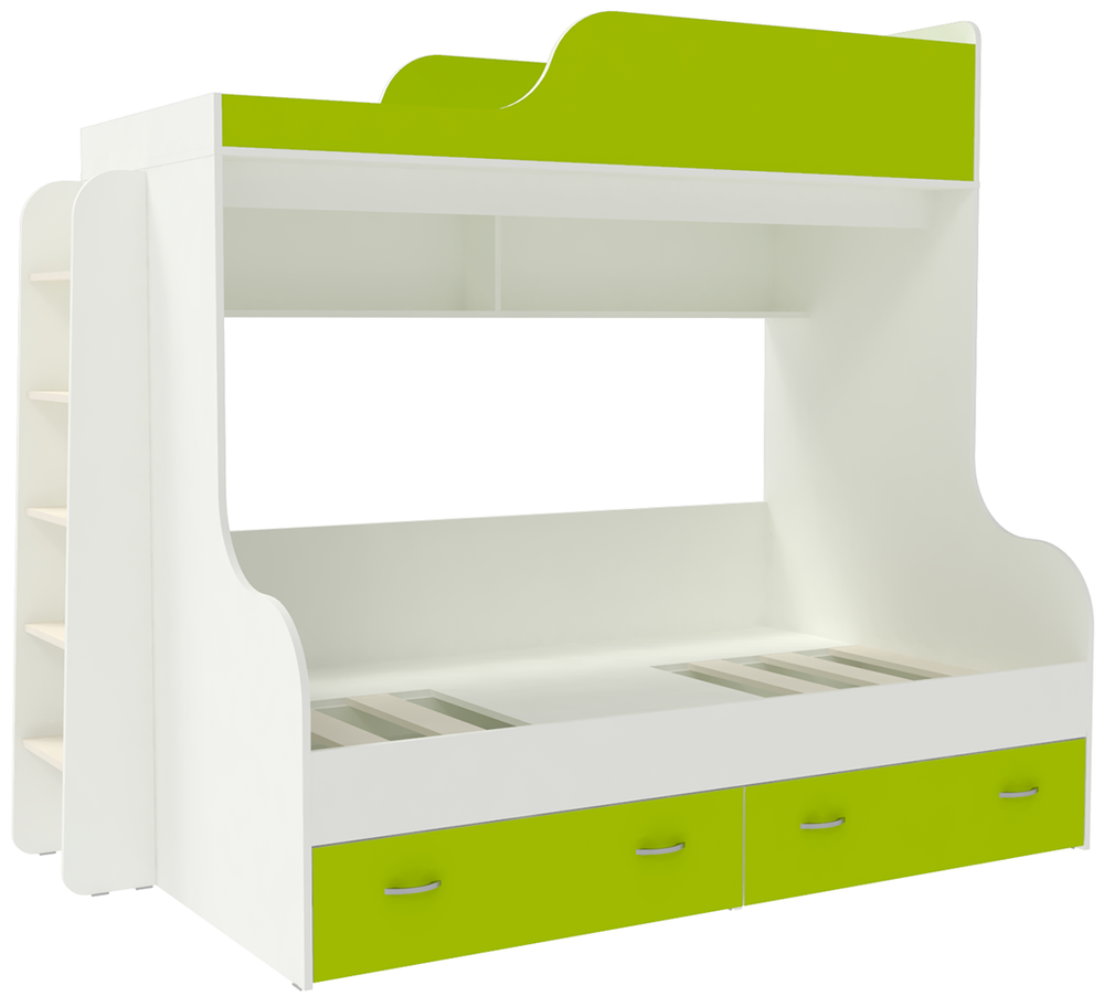 Двухъярусная кровать КарИВи Дуэт-15 с деревянной лестницей Белый  Лайм