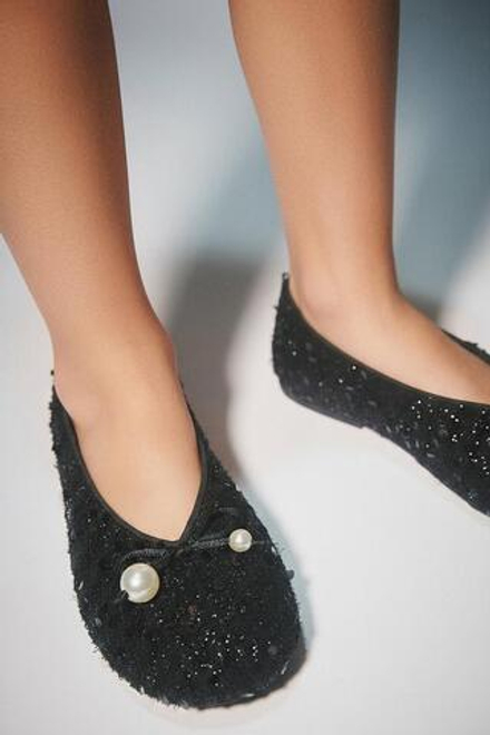 ZARA БАЛЕТКИ С ЖЕМЧУГОМ, ЧЕРНЫЙ