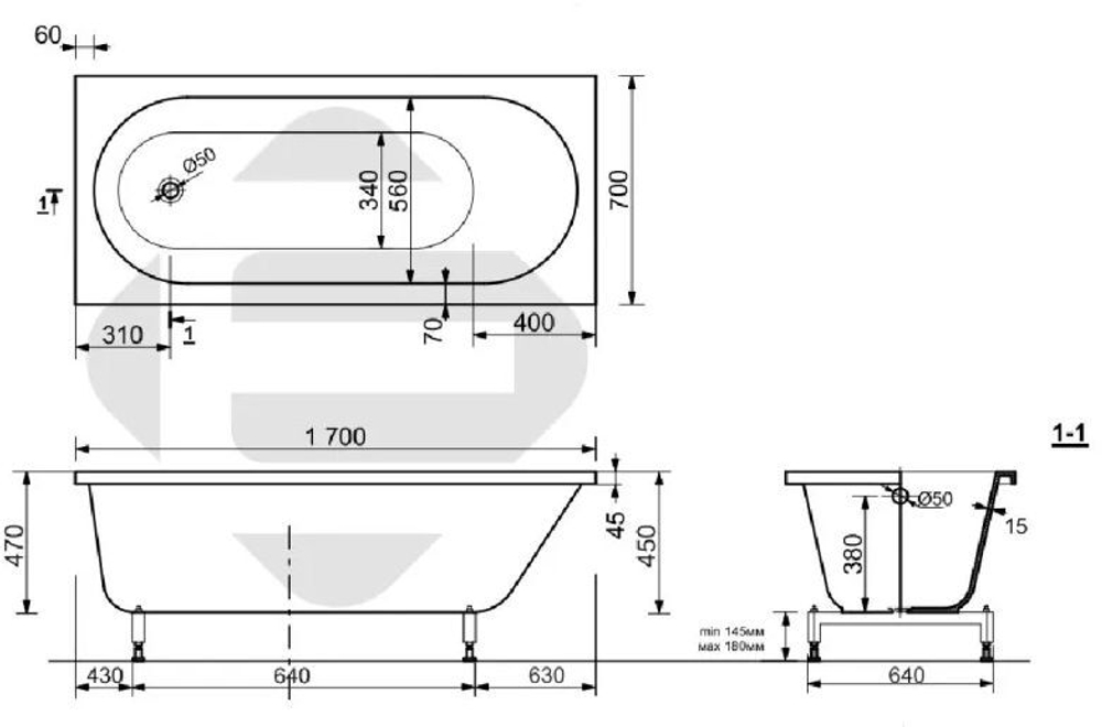 Ванна из искусственного камня Aquanet Lotos Stone 170x70 AQ-00348172