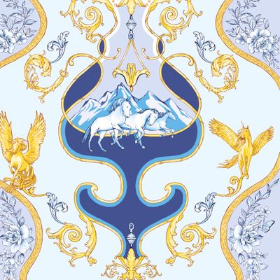 Лошади и вензеля. Золотые узоры на светлом фоне