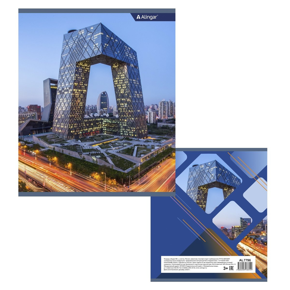 Тетрадь 48л., А5, клетка, Alingar " Архитектура города", скрепка, мелованный картон, блок офсет, 4 дизайна в пленке т/у