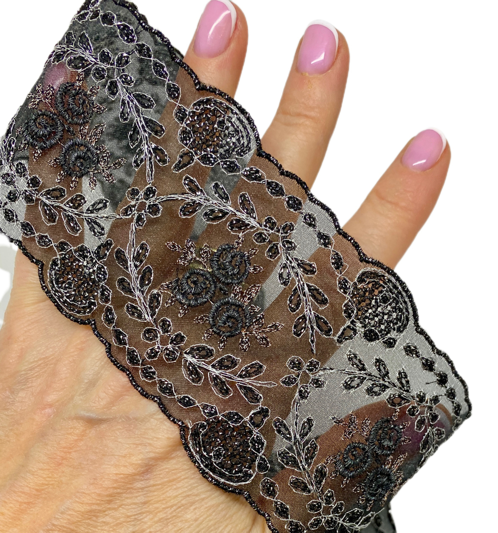 Кружево тонкое на органзе цветное ш-6см Франция. (шелк/люрекс/п/э) 1м