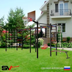 Уличная шведская стенка Sv Sport рукоход х 2 с комплектом турник прямой 2шт У54277К (Турник/Брусья/Скамья/Со спинкой/Щит баскет/Кронш бокс/Канат/кольца/лестница/Сетка)