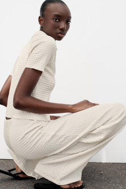 ZARA БРЮКИ ПРЯМОГО КРОЯ ФАКТУРНЫЕ, ЭКРЮ