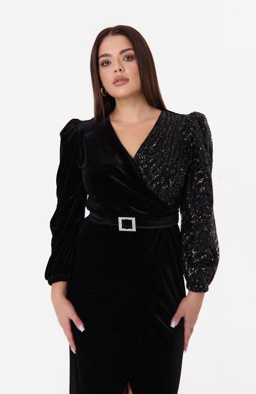 Платье на запах из бархата с декоративной отделкой, черный