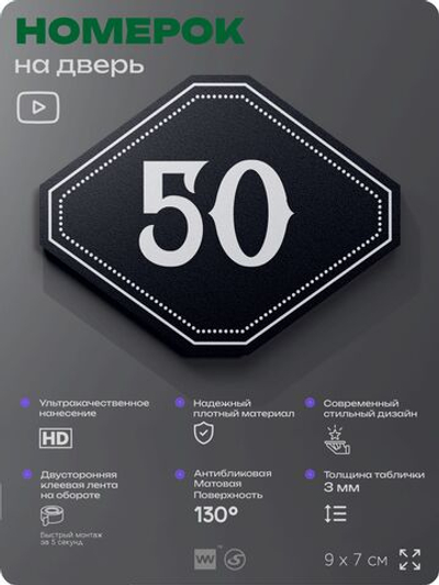 Номерок на дверь квартиры 50, для кабинета, офиса, шильдик 9 х 7 см, черный, Айдентика Технолоджи