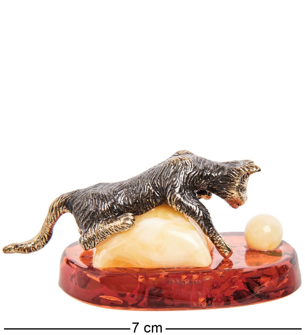Народные промыслы AM- 685 Фигурка «Игривый кот на подушке» (латунь, янтарь)