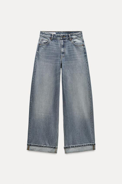 ZARA ДЖИНСЫ TRF RELAXED С НИЗКОЙ ПОСАДКОЙ И ОТВОРОТАМИ, СЕРО-СИНИЙ
