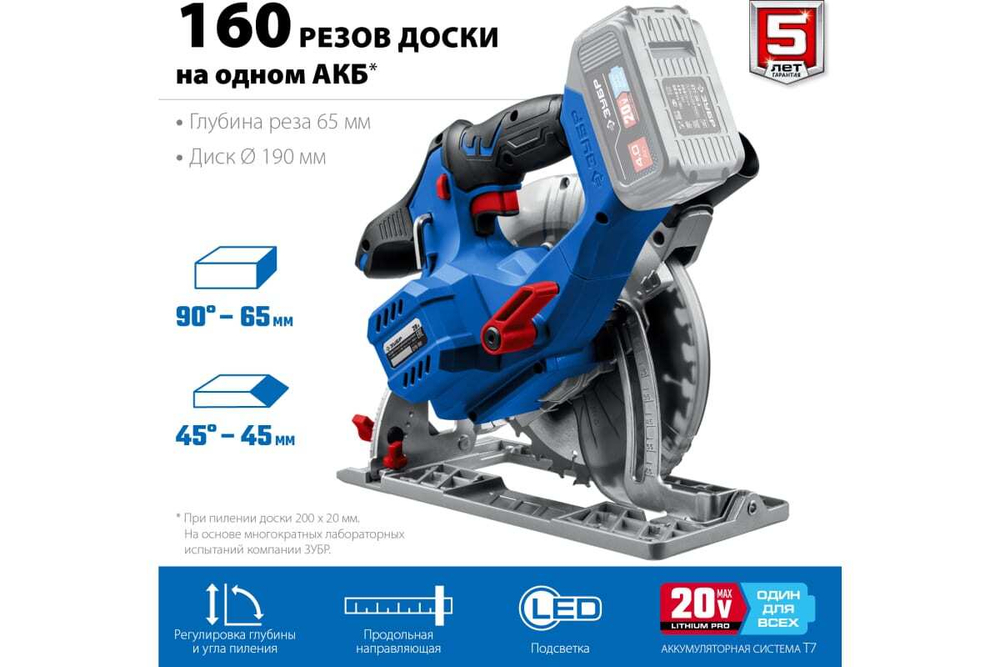 Бесщеточная циркулярная пила ЗУБР Профессионал 20В CPB-190