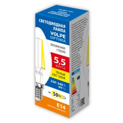 LED-C35-5.5W-3000K-E14-CL-SLF Лампа светодиодная. Форма свеча. прозрачная. Теплый белый свет 3000K. ТМ Volpe