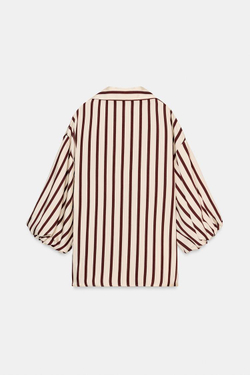 ZARA РУБАШКА В ПОЛОСКУ С ОБЪЕМНЫМИ РУКАВАМИ, ЭКРЮ/ГРАНАТОВЫЙ