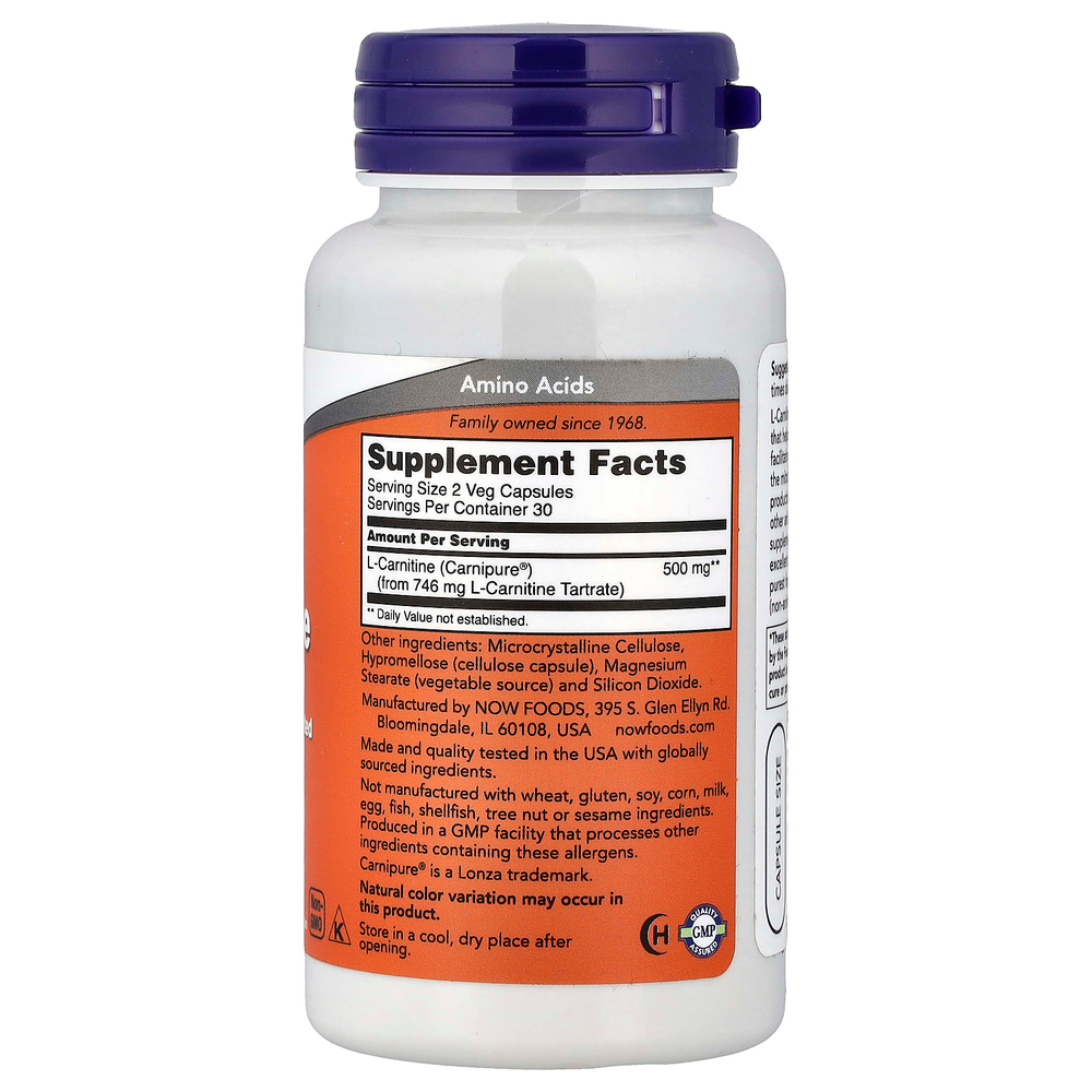 NOW Foods, L-карнитин, 250 мг, 60 растительных капсул