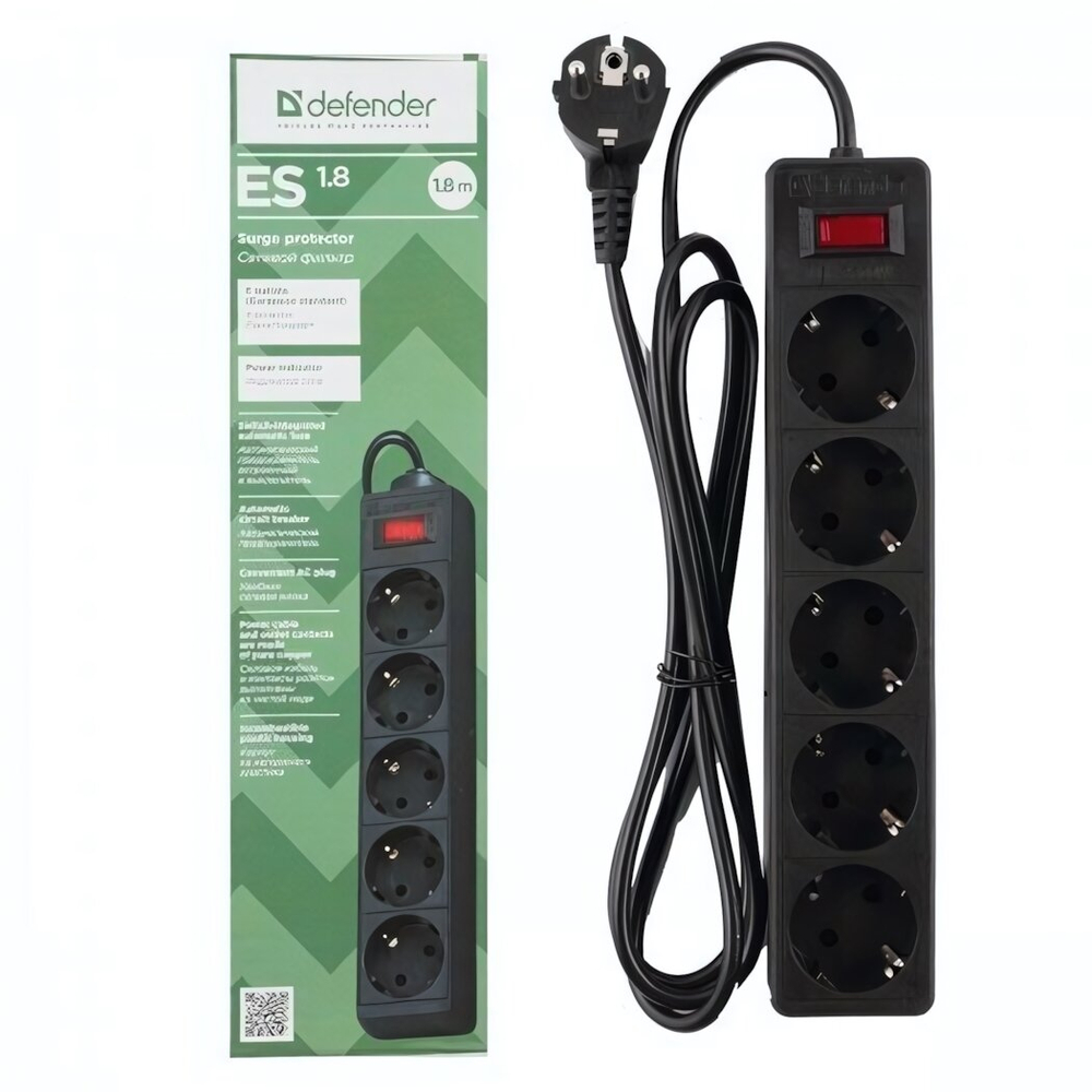 Сетевой фильтр Defender  ES 1,8м (5 розеток) Black