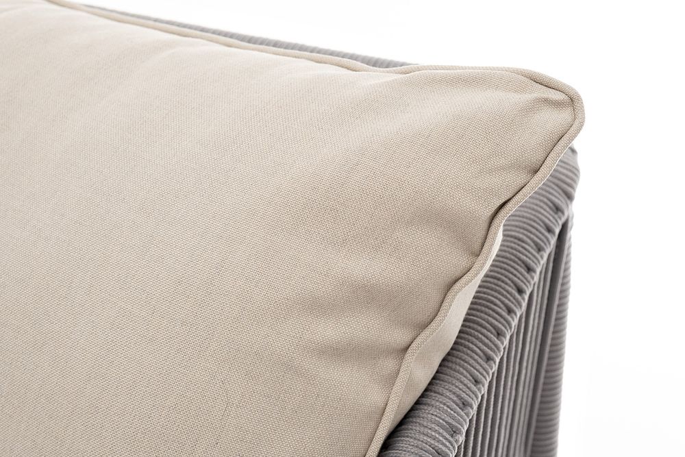 "Канны" диван 3-местный плетеный из роупа, каркас алюминий белый муар, роуп светло-серый круглый, ткань бежевая 15052