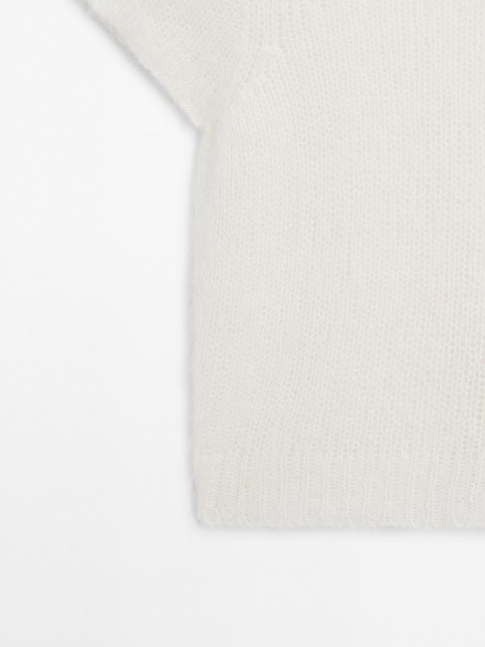 Massimo Dutti Трикотажный свитер из смесовой альпаки с короткими рукавами, натуральный, кремовый