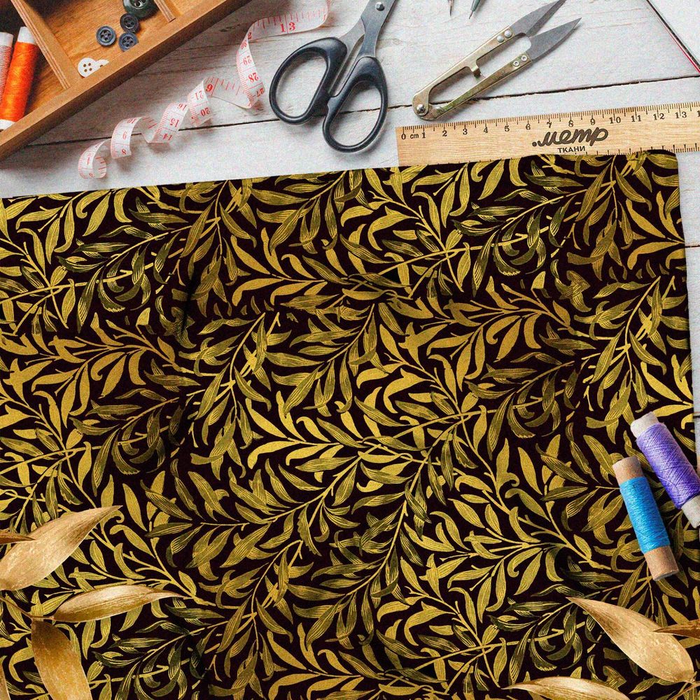 Ткань таффета золотые водоросли на чёрном фоне