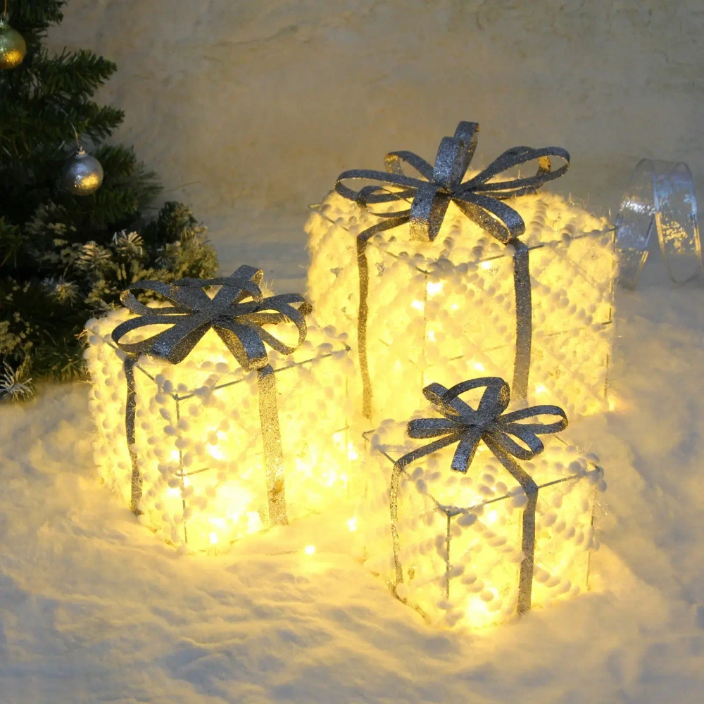 Фигура светодиодная «Подарок от Санты» (набор 3 шт: 12см, 15см, 19см), 220V, Серебро (свечение - Теплый белый)