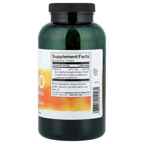 Swanson Vitamins, витамин E-1000, смешанные токоферолы, 1000 МЕ (671,1 мг), 250 мягких таблеток