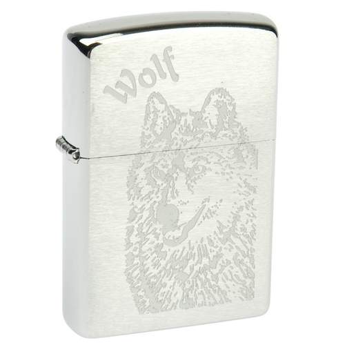 Зажигалка серебристая матовая Zippo Wolf с покрытием Brushed Chrome