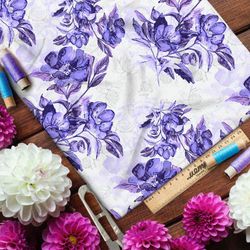 Ткань штапель фиолетовые цветы, нарисованные акварелью