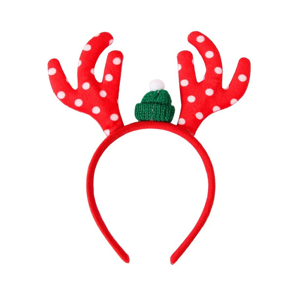 Ободок, Оленьи рожки, белые точки и пушистая шапочка, Красный/Зеленый, 1 шт.