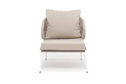 "Милан" кресло плетеное из роупа, каркас алюминий белый муар, роуп бежевый круглый, ткань бежевая 035