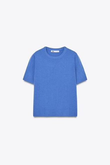 ZARA ТОП ИЗ 100% ШЕРСТИ С КОРОТКИМИ РУКАВАМИ, ВЫЦВЕТШИЙ СИНИЙ