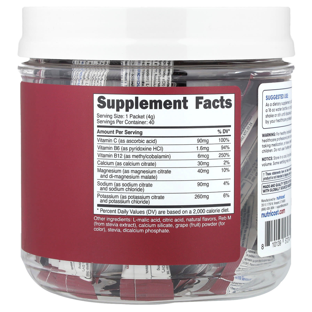 Nutricost, Электролиты, улучшенный комплекс для увлажнения, виноград, 40 пакетиков в стиках по 4 г (0,1 унции)
