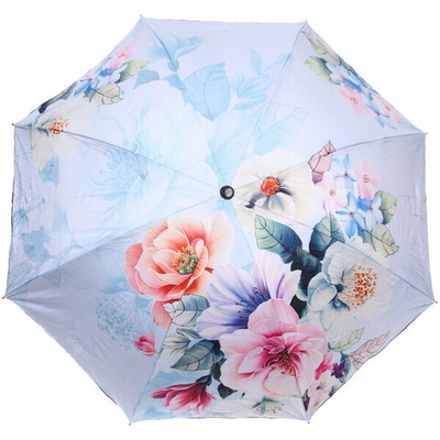 Зонт механический ветроустойчивый, матовая ручка «BESTzontik - Sofi»,цветы на небесно голубом, длина 25см, d-110см