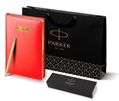 Подарочный набор Parker: Ежедневник красного цвета с золотом и шариковая ручка Parker Jotter XL YellowGold, цвет стержня синий