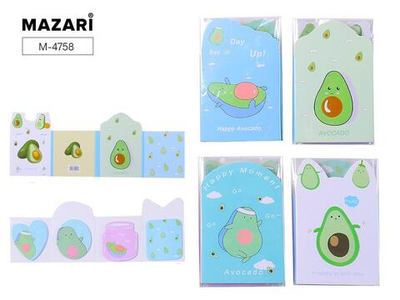 Набор блоков для записи с липким слоем,4 фигурных блока по 16 листов HAPPY AVOCADO (Mazari)
