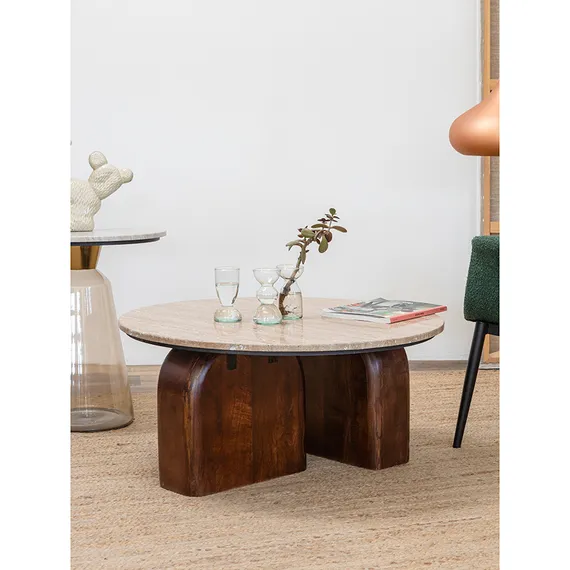 Журнальный столик Torhill, Ø80 см, бежевый травертин, орех