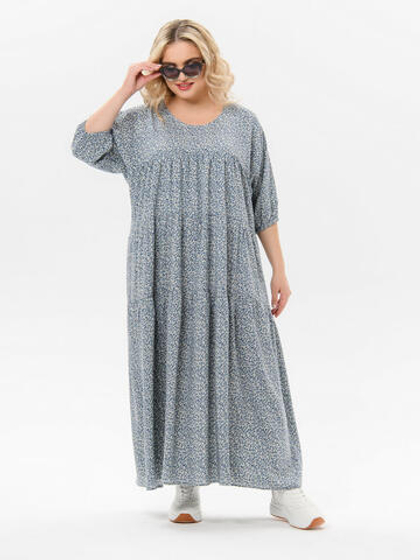 Платье каскадное, штапель Голубика