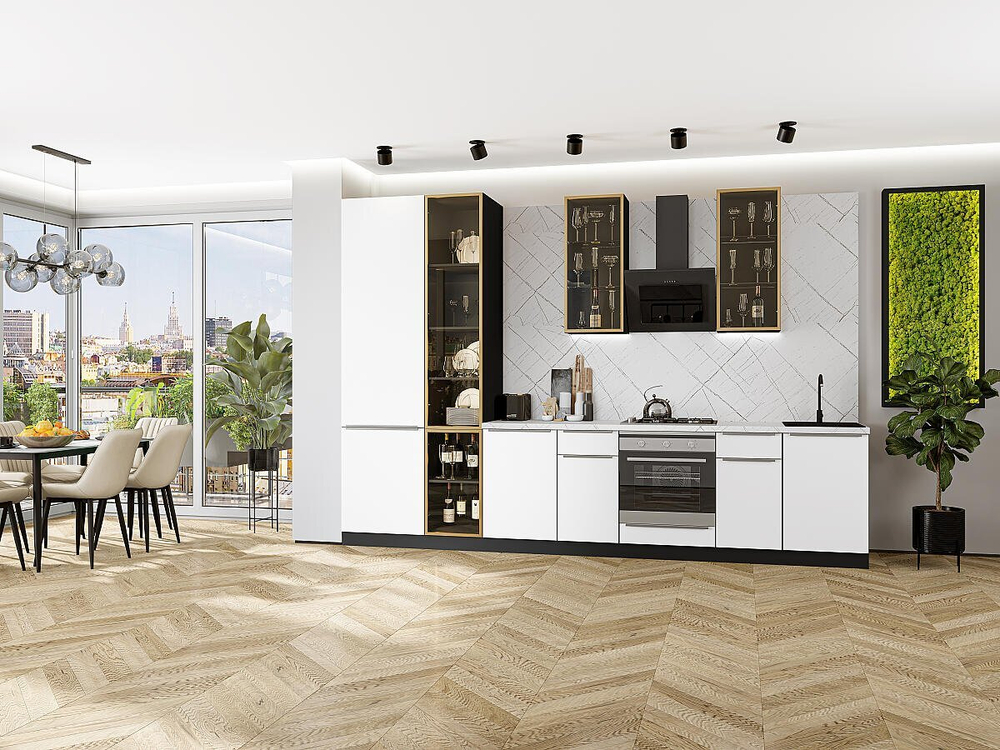 Прямая модульная кухня Фьюжн-08 Silky White - Graphite 2340*3400*600