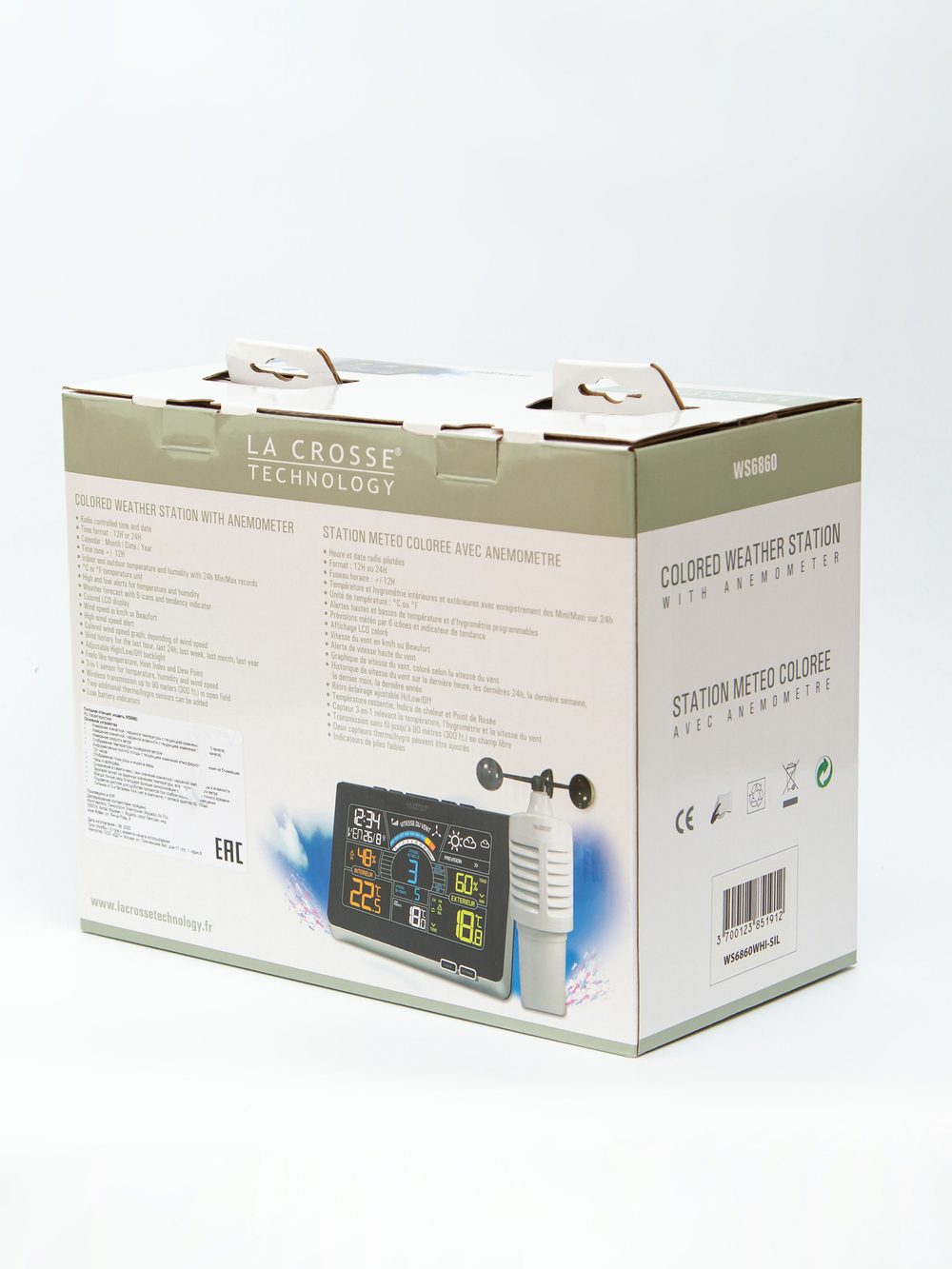 Многофункциональная погодная станция LaCrosse WS6860 белая, с цветным экраном и датчиком скорости ветра.