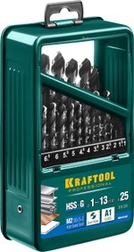 KRAFTOOL HSS-G, 25 шт, (1-13 мм), сталь P6M5, набор сверл по металлу (29651-H25)