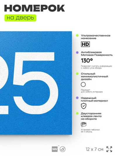 Номер на дверь 325, табличка на дверь для офиса, квартиры, кабинета, аудитории, склада, голубая 120х70 мм, Айдентика Технолоджи
