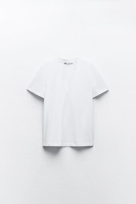 ZARA ФУТБОЛКА ИЗ ХЛОПКА С ЭНЗИМНОЙ ОБРАБОТКОЙ, БЕЛЫЙ