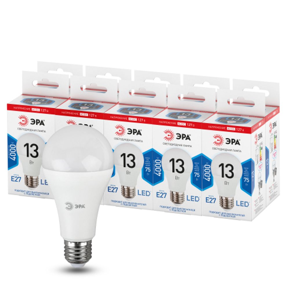 Лампа светодиодная ЭРА STD LED A60-13W-127V-840-E27 13Вт груша нейтральный белый свет Е27 | Лампы светодиодные Низковольтные