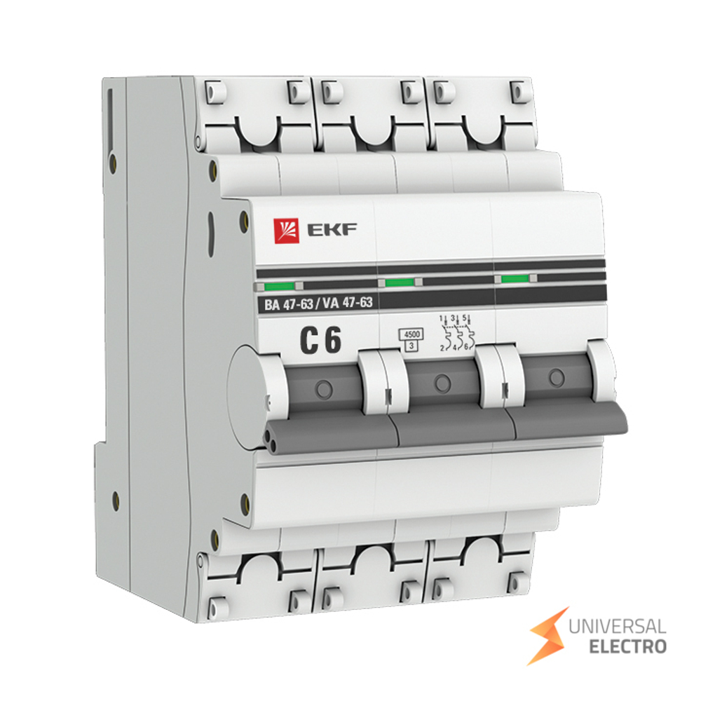 Автоматический выключатель 3P 6А (C) 4,5kA ВА 47-63 EKF PROxima