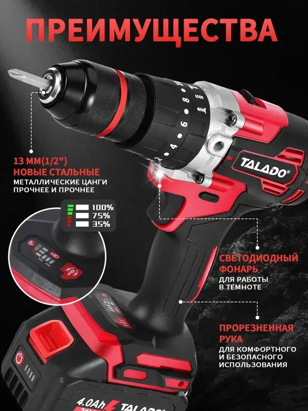 TALADO шуруповерт аккумуляторный бесщеточный 13мм шуруповерт для ледобура 120 HM 21В с двумя аккумуляторами 4 Ач