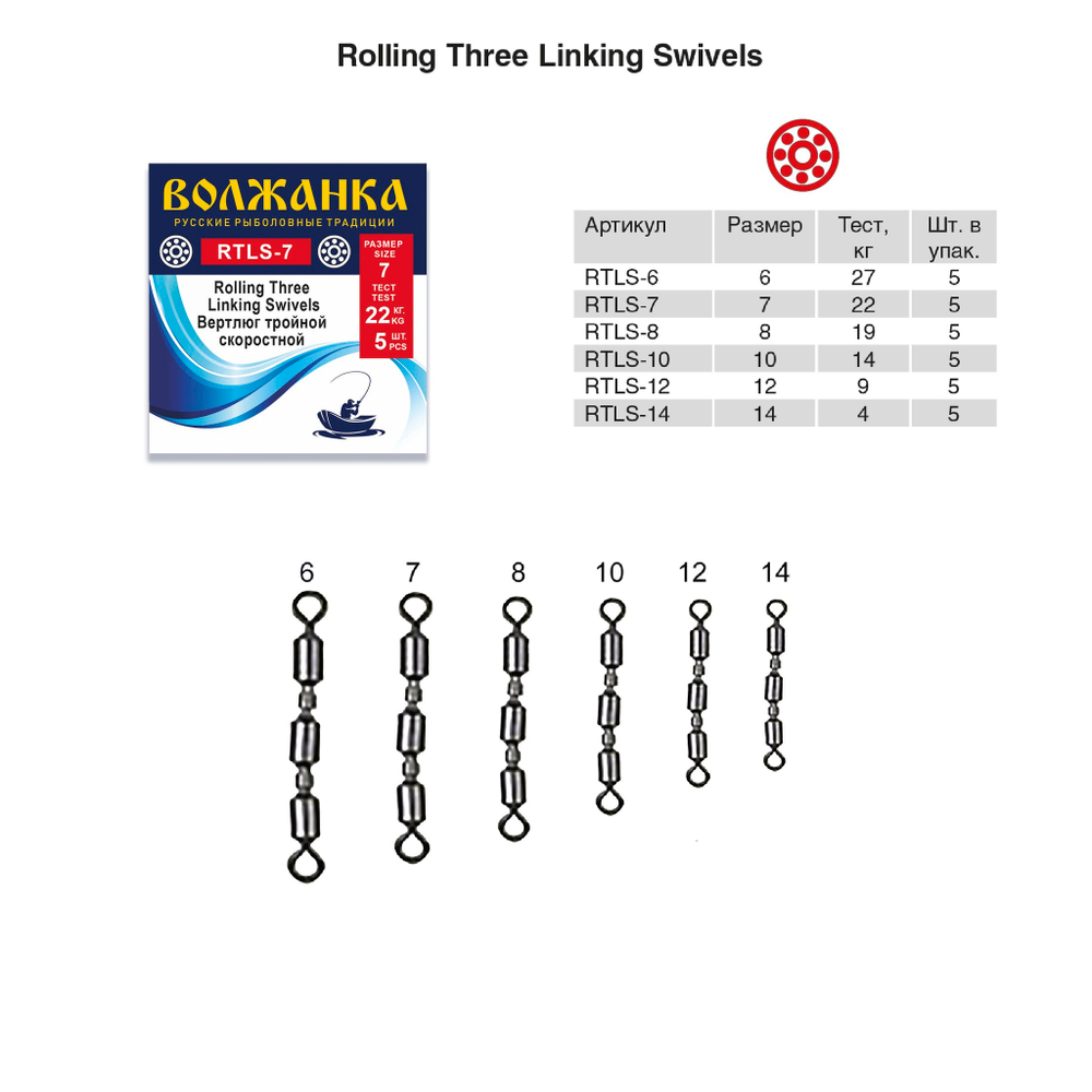 Вертлюг "Волжанка" Rolling Three Linking Swivels # 7 тест 22кг (5шт/уп) по 5 упаковок