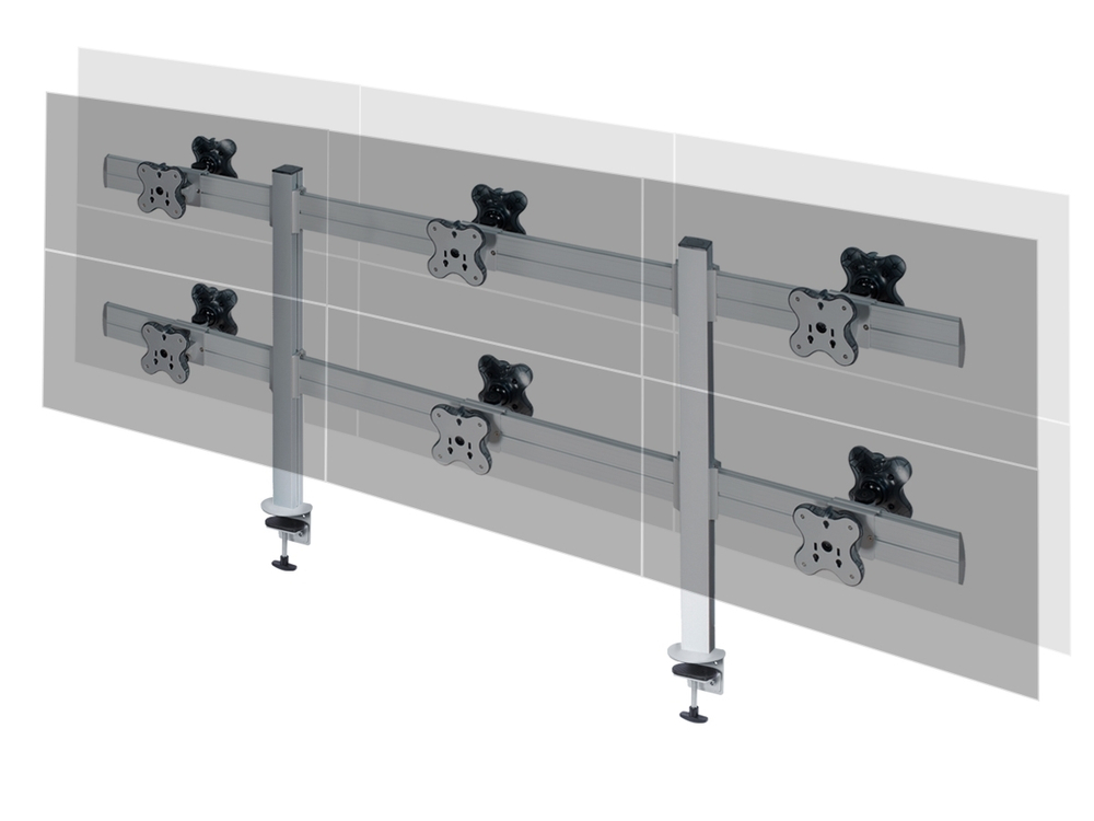 ErgoFount TBBS-1200C Настольное крепление back-to-back для 12 мониторов диагональю до 24'' конфигурации 2х3 с зажимом к столу типа "С". Цвет - серебристый