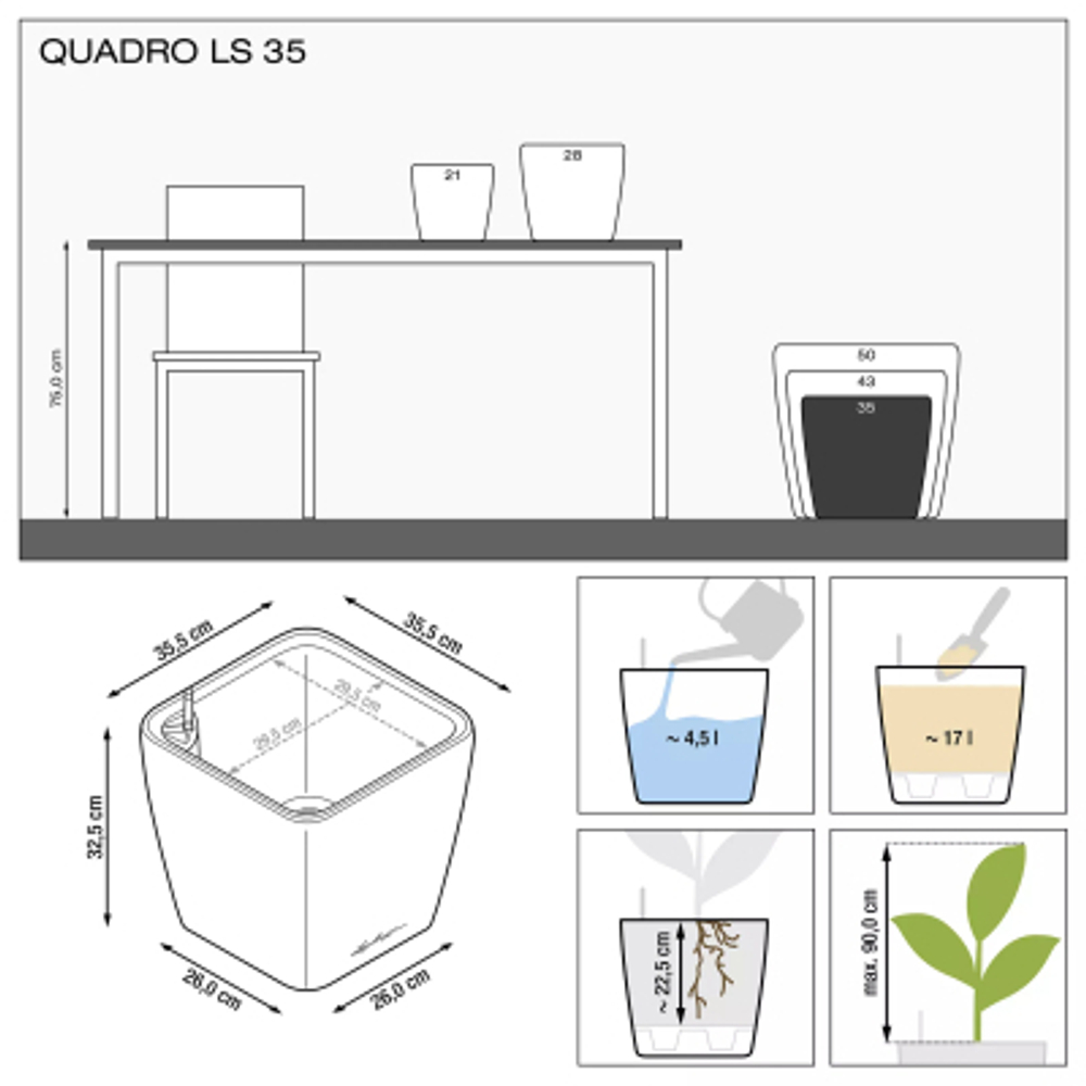 Кашпо Lechuza quadro ls 35см белый блестящий с автополивом