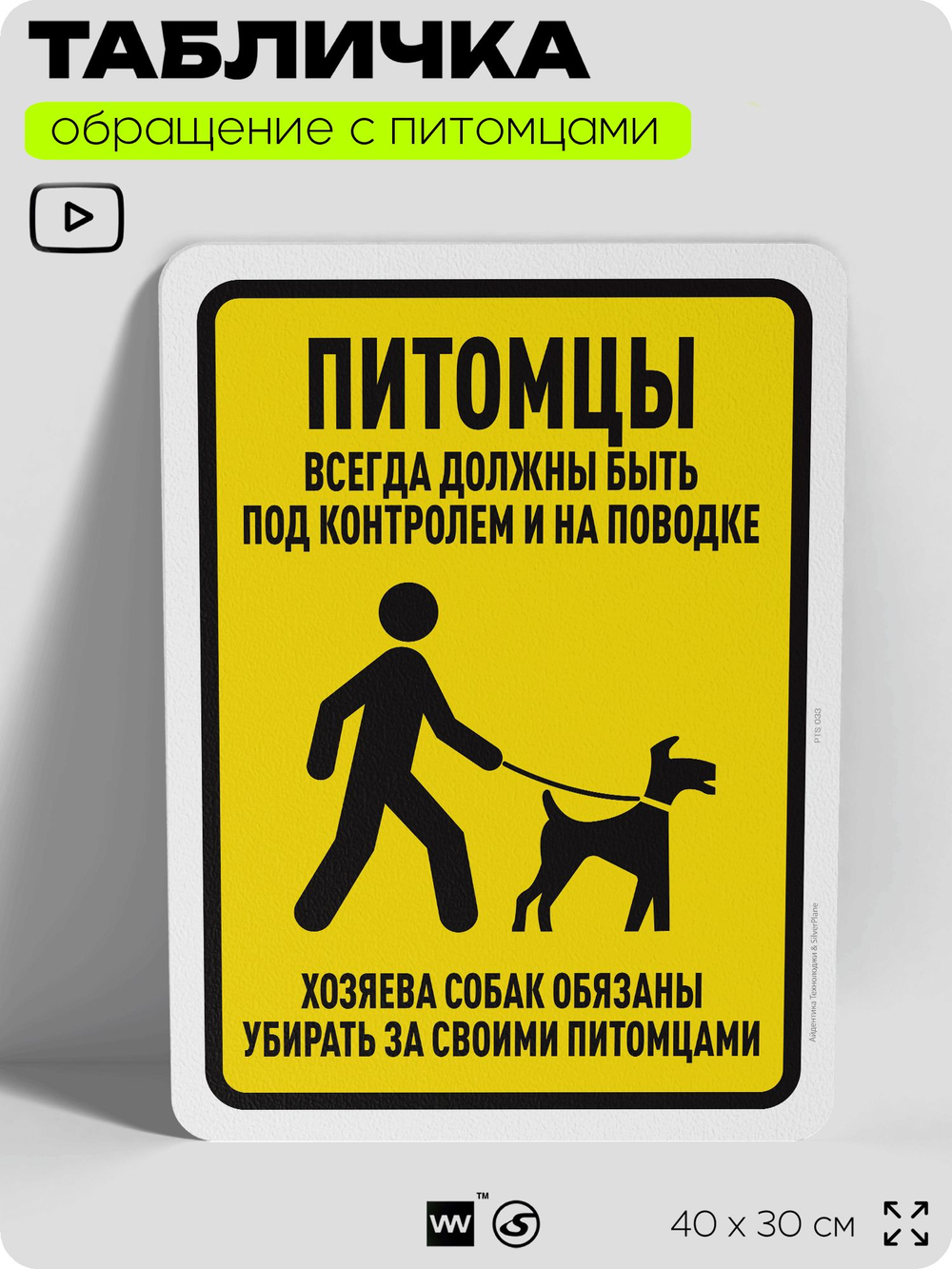 Табличка "Питомцы всегда должны быть под контролем и на поводке" на дверь и забор, для двора, дома, подъезда, 40х30 см, Silver Plane x Айдентика Технолоджи
