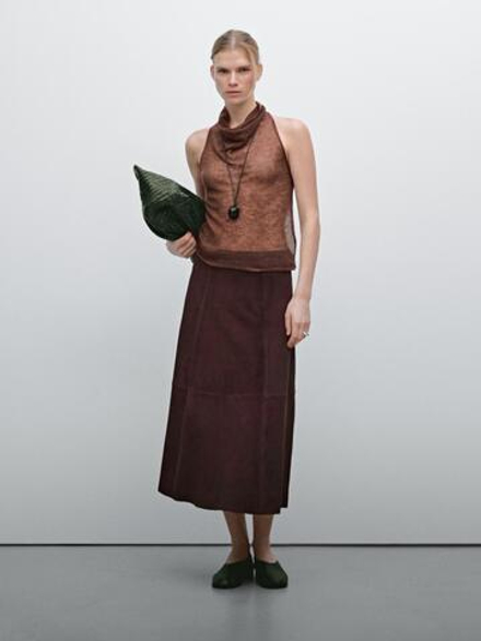Massimo Dutti Расклешенная юбка из замши с декоративным швом, бордо
