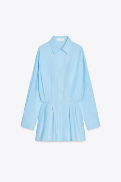 ZARA ПЛАТЬЕ-РУБАШКА СО СКЛАДКАМИ, ВОДЯНИСТО-ГОЛУБОЙ