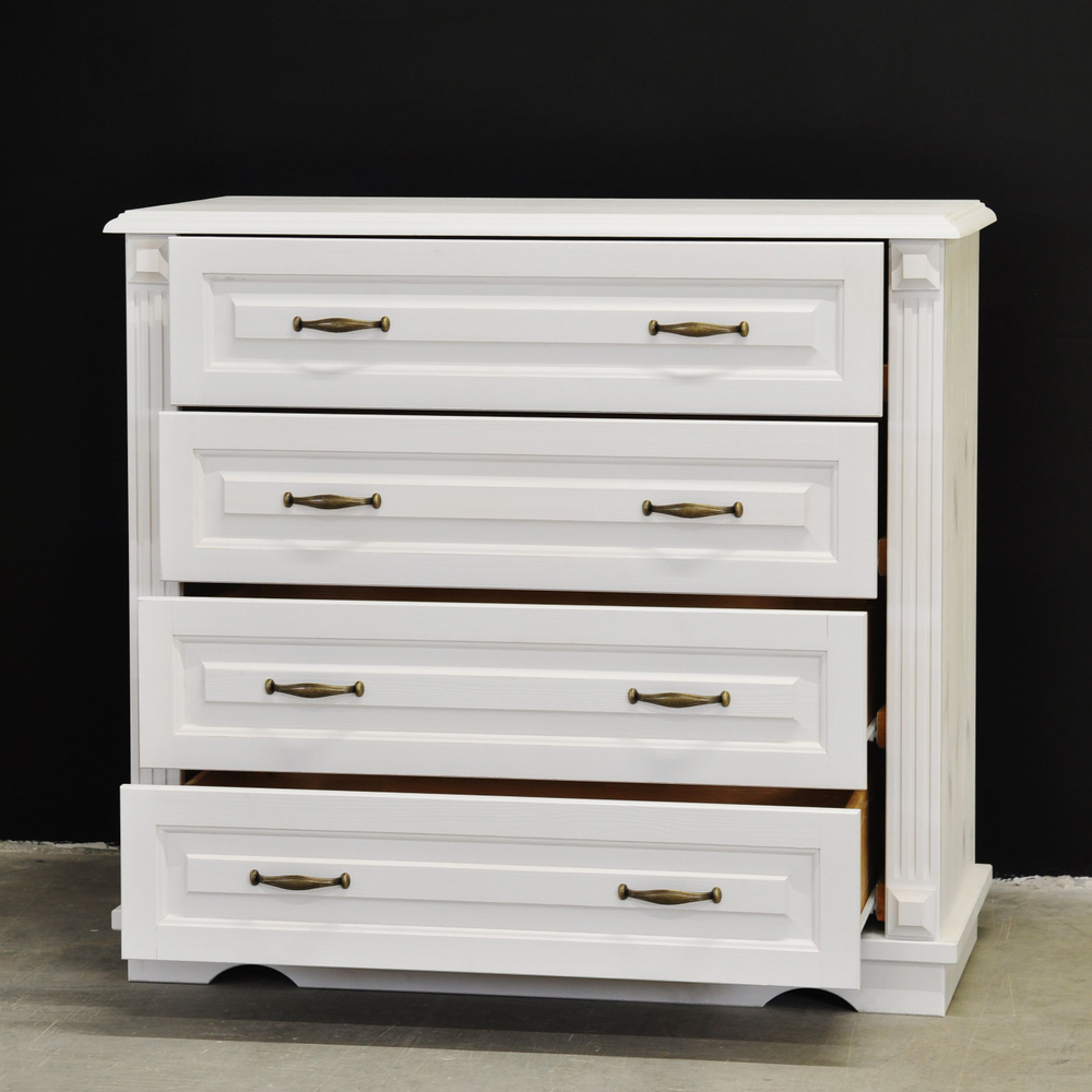 Комод белый с ящиками Харви из массива сосны с филенкой для спальни и кухни в викторианском стиле, комод деревянный для вещей и одежды на ножках напольный
