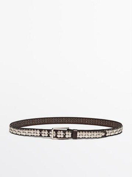Massimo Dutti Ремень из кожи наппа с несколькими заклепками, серебряный