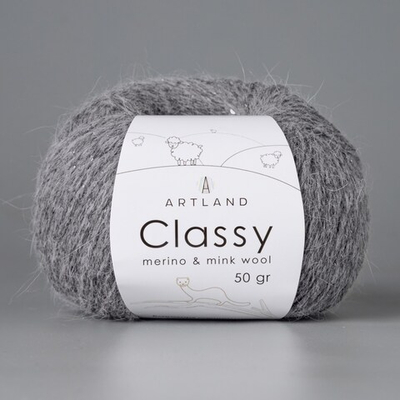 Classy, пряжа с люрексом и пайетками, шелк-5%, мериносовая шерсть-20%, нейлон-30%, норка-45%, 50 гр, 240 м, натуральный серый